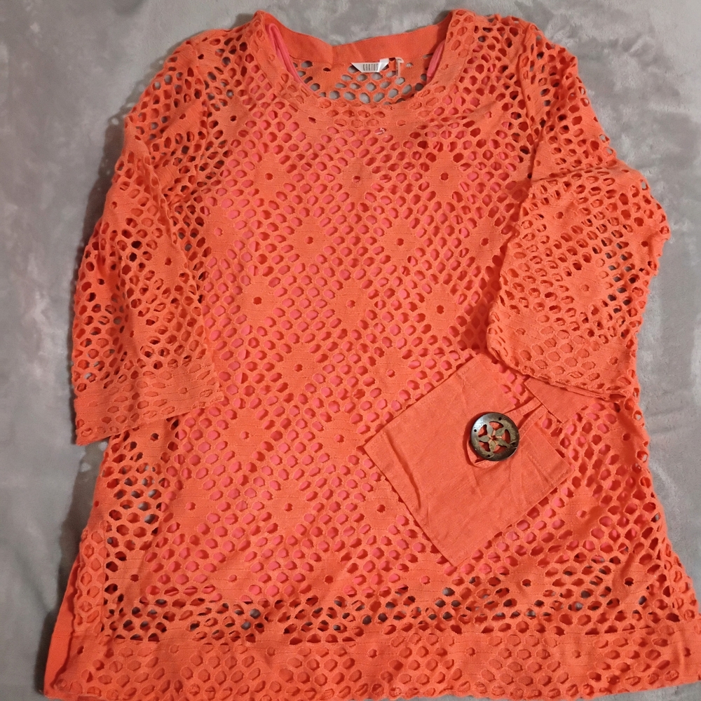 Artsy Kaktus Orange Coral Openwork Weave Tunic Top & Tank L XL